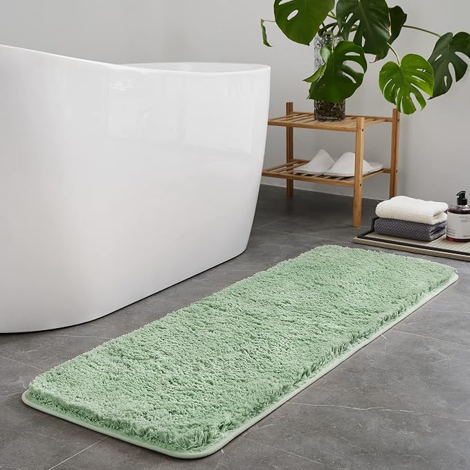 TECHMILLY Super Soft Shaggy Bathroom Runner Rugs, Absorbent Thick Non Slip Microfiber Bath Rugs, Quick Dry Machine Washable Bath Mat for Bathroom Floor, Bathtub and Shower 17"x47"