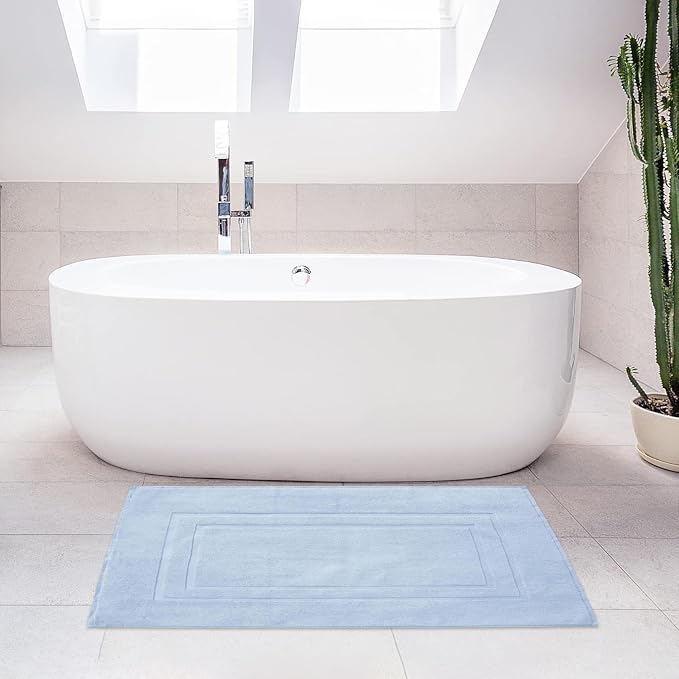 Feather & Stitch 2 Piece Towel Like Bath Mats (30x21 Inch) 100% Cotton Terry Bath Mats, Bathroom Shower Floor Mats [NOT A Bathroom Rug], Soft Absorbent Washable Mats - Sky Blue