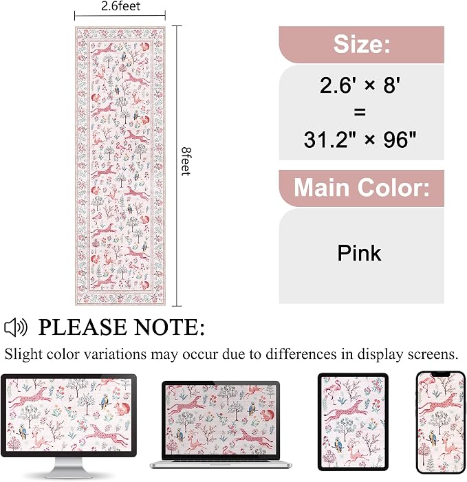 DUKINO 2.6x8 Rug for Hallway, Washable Kitchen Runner Rug with Non Slip Backing, Soft Low Pile Vintage Animal Runner for Bedroom, Kitchen, Hallway, Entryway, Laundry, Pink