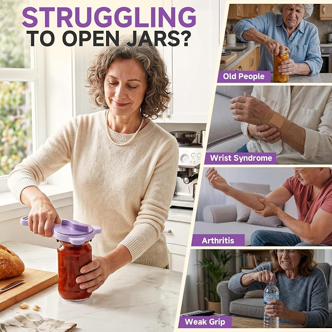 2026 Upgraded 4-in-1 Jar Opener - Adjustable Stainless Steel Lid Remover for Seniors & Arthritis Sufferers, Fits Kitchen Jars, Bottles & Cans Purple