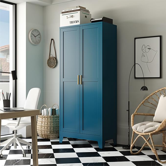 Bevivog Metal Kitchen Pantry Cupboard Cabinet, 71" Blue Storage Cabinets with 2 Doors and 4 Adjustable Shelves for Kitchen/Home Office/Dining Room/Living Space