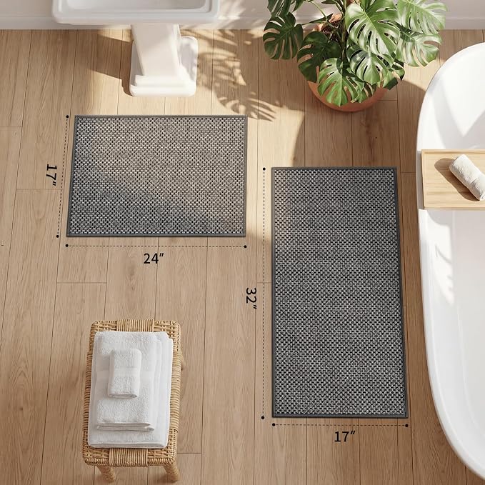 YIHOUSE Thin Bath Mat Dark Grey Bathroom Rugs Sets 2 Pieces, Non Slip Absorbent Mats Quick Dry, Woven Rugs Washable, Tapetes para Baño for Bathroom Toliet,Bathtub(17"x24"+17"x32")