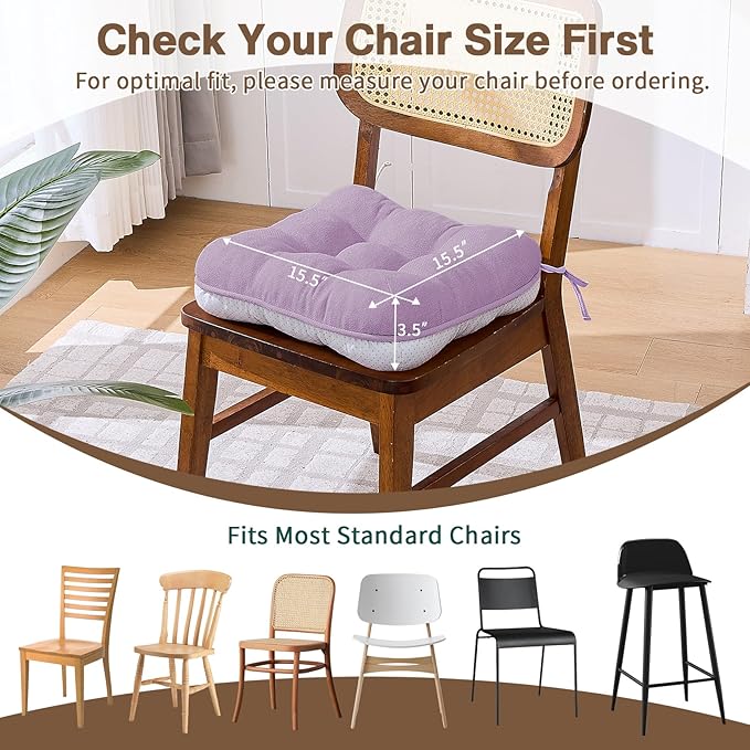 BETU Chair Cushions for Dining Chairs Set of 6,3.5" Thick Kitchen Table Chair Pads with Ties,Non Slip Backing and Covers, Seat Cushion for Dining Room,Bar,Patio Chairs,15.5"X15.5"X3.5",Purple
