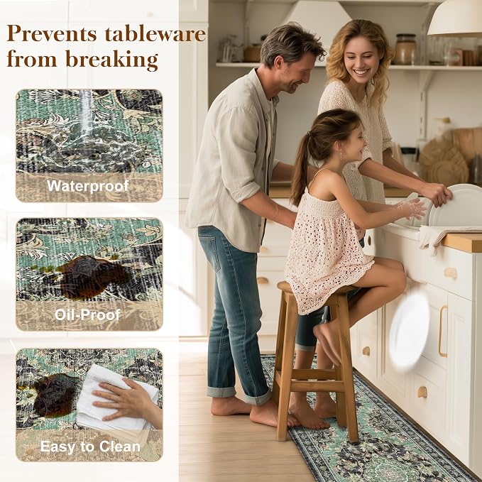 Boho Kitchen Mats for Floor 2 Piece Set Anti Fatigue Cushioned PVC Kitchen Rugs Non Slip Waterproof Farmhouse Mats 2/5 Inch Comfort Standing Mat for Sink, Laundry, 17.3"x59"+17.3"x28", Black Green