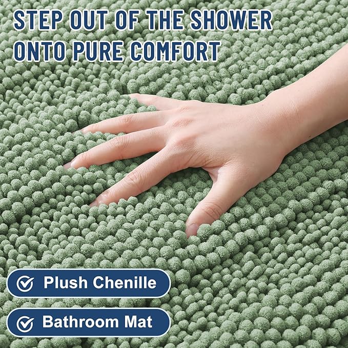Grandaily Chenille Striped Bathroom Rugs 44x32, Extra Thick and Soft Absorbent Bath Mats, Rubber Backing, Plush Shaggy Shower Carpet, Machine Wash Dry, Bath Rug for Bathroom, Grayish Green