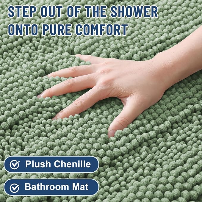 Grandaily Chenille Striped Bathroom Rugs 70x24, Extra Thick and Soft Absorbent Bath Mats, Rubber Backing, Plush Shaggy Shower Carpet, Machine Wash Dry, Bath Rug for Bathroom, Grayish Green