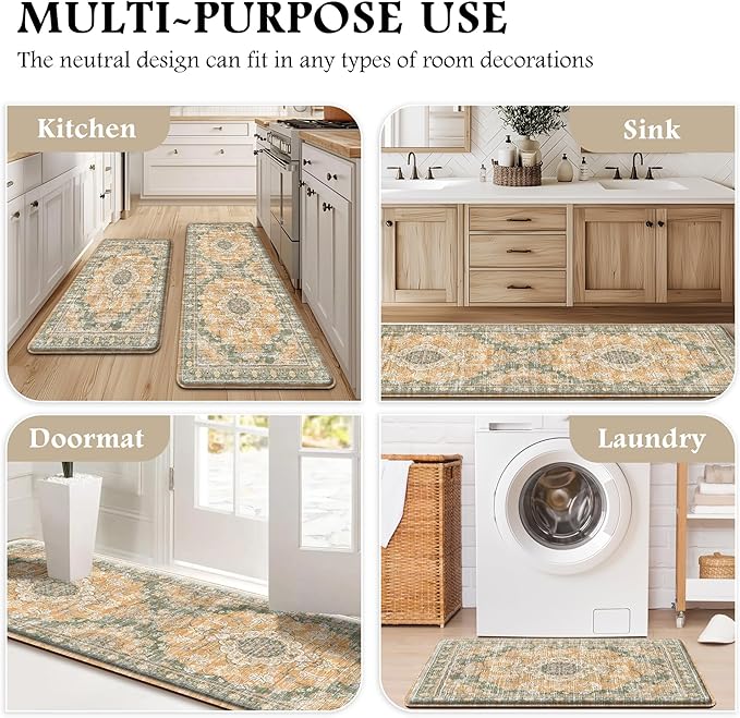 Boho Kitchen Mats for Floor 2 Piece Set Anti Fatigue Cushioned PVC Kitchen Rugs Non Slip Waterproof Farmhouse Mats 2/5 Inch Comfort Standing Mat for Sink, Laundry, 17.3"x47"+17.3"x28", Green Orange