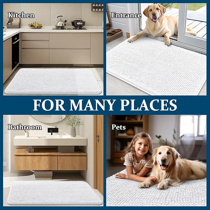 OLANLY Dog Door Mat for Muddy Paws 32x20, Absorbs Moisture and Dirt, Absorbent Non-Slip Washable Doormat, Quick Dry Chenille Mud Mat for Dogs, Entry Indoor Entryway Carpet for Inside Floor, White
