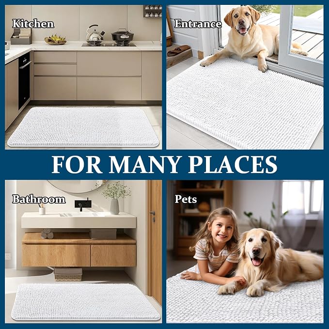 OLANLY Dog Door Mat for Muddy Paws 45x27, Absorbs Moisture and Dirt, Absorbent Non-Slip Washable Doormat, Quick Dry Chenille Mud Mat for Dogs, Entry Indoor Entryway Carpet for Inside Floor, White