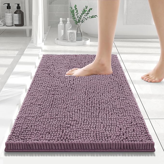 Smiry Luxury Chenille Bathroom Rugs 24x16, Extra Soft and Absorbent Shaggy Bath Mat, Machine Washable, Non-Slip Plush Carpet Runner for Tub, Shower, and Floor, Home Decor Accessories, Deep Plum