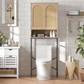 FiveWillowise Rattan Toilet Storage Cabinet, Over The Rack Wood Cabinet with Metal Stand, Bathroom Organizer with Adjustable Shelf, Tall Freestanding Washer Shelf, Small Cupboard, Natural