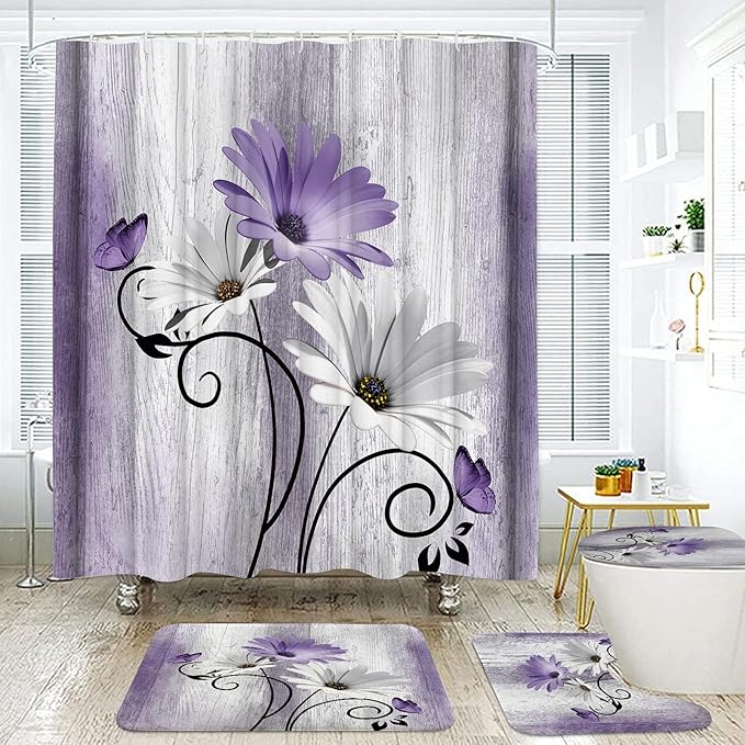 Onalasyc 4PCS Purple Daisy Flowers Plants Shower Curtain Set,Shower Curtain and Carpet and Accessories,Waterproof Bathroom Shower Curtain Decorative Set, with 12 pcs Hooks,71 x 71in