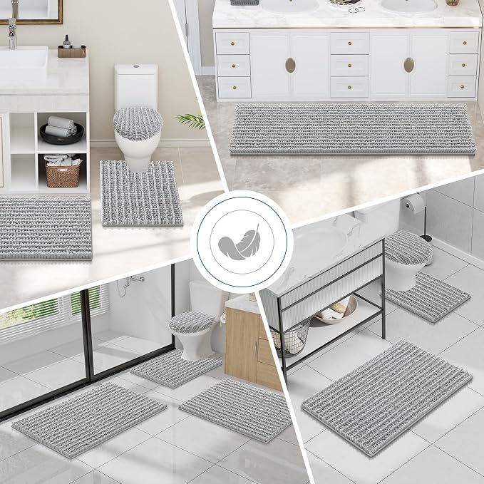 Smiry Bathroom Toilet Rugs U Shaped 24x20, Extra Soft Absorbent Non Slip Rubber Backing Chenille Contour Bath Rugs for Toilet, Machine Washable Contoured Bath Mats, Light Grey