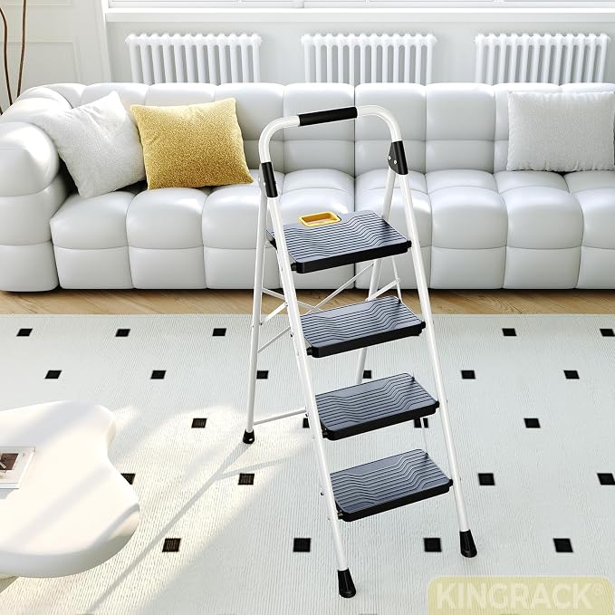 KINGRACK 4 Step Folding Ladder, 800lbs Capacity Step Stool with Safety Lock, Non-Skid Wide Pedals, and Handrail, Lightweight, Household Ladder for Home, Kitchen, Pantry, Closets, and Office Use, White