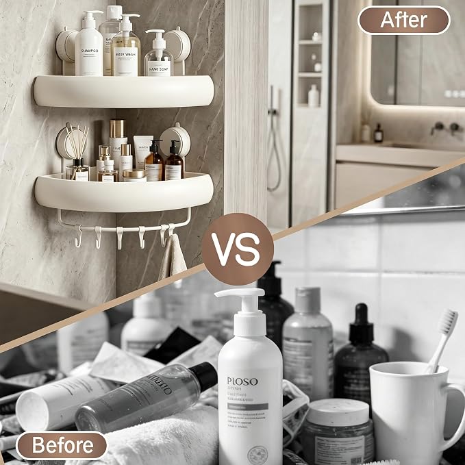 Corner Shower Caddy Suction Cup,2 Pack Cream White No-Drilling Shower Shelves,Rust Proof Shower Racks for Inside Shower with Removable Hooks and Towel Bar