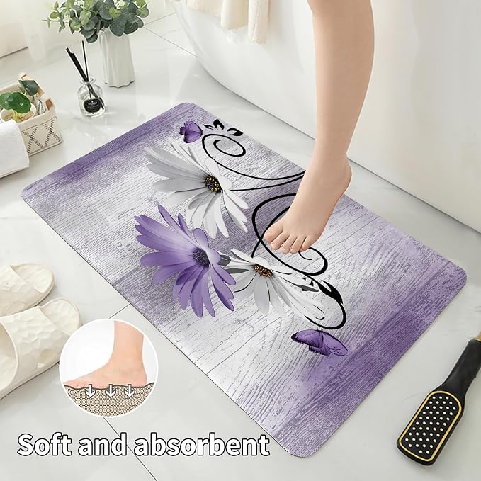 Onalasyc 4PCS Purple Daisy Flowers Plants Shower Curtain Set,Shower Curtain and Carpet and Accessories,Waterproof Bathroom Shower Curtain Decorative Set, with 12 pcs Hooks,71 x 71in