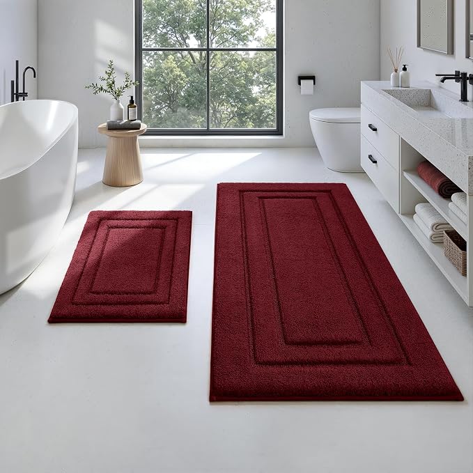 HOMEIDEAS Bathroom Rugs Sets 2 Piece, Super Soft and Absorbent Non Slip Microfiber Machine Washable Bath Mat Set (20" x 47" + 16" x 24", Burgundy Red)