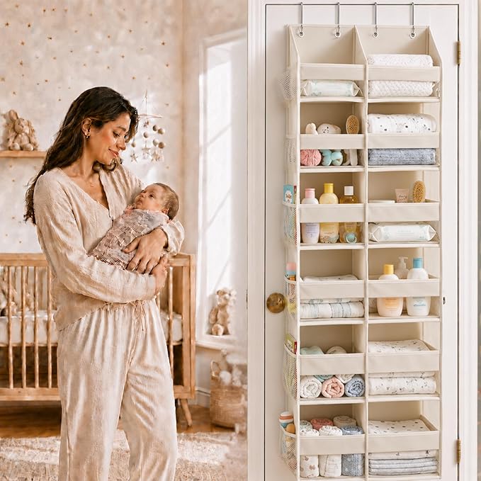 HOMELUX THEORY UPGRADED 6 Tiers Over The Door Organizer Hanging - 100D EXTRA THICK & 50lbs HUGE CAPACITY, 12 Side Mesh Pockets Over The Door Shoe Organizer, Hanging Closet Organizer (Ivory, XL)