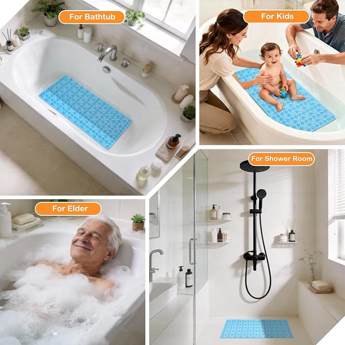 Yimobra Bathtub Mat Non Slip, 34.5"X15.5" Long Shower Mat for Inside Shower, Machine Washable Bath Mat with Drain Holes & Strong Suction Cups, Soft on Feet, Bathroom Essentials, Clear Blue