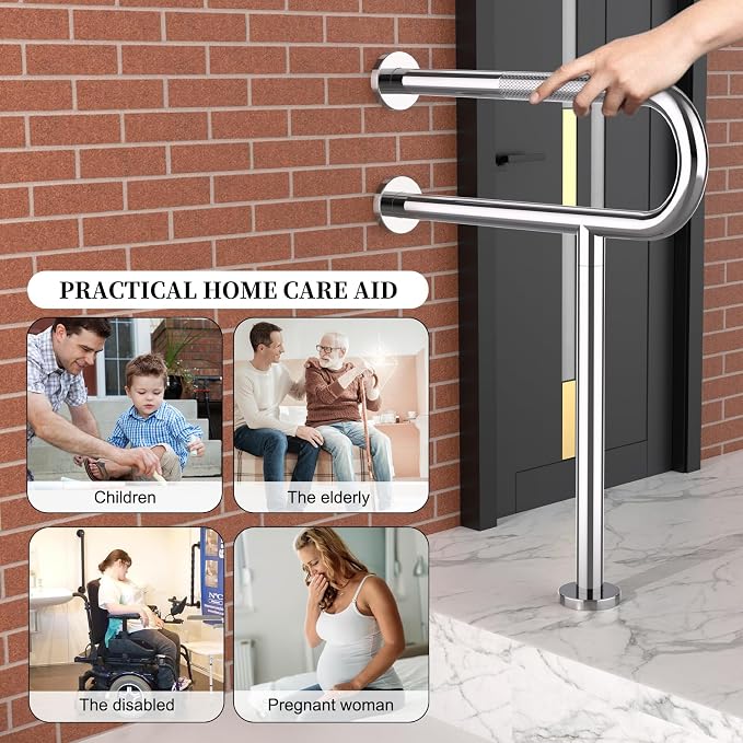 Toilet Support Rail 24X 28 Inch, Munzong Anti-Slip Chrome Handicap Grab Bar for Bathroom, Stainless Steel Knurled Safety handrails with Leg for Elderly Disabled Pregnant-1.25’Tube