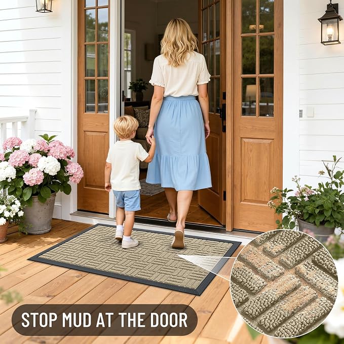 OLANLY Front Door Mat Outside Entrance 29.5x17, Absorbent, Heavy Duty Sturdy Natural Rubber Doormat Indoor Outdoor, Stain and Fade Resistant, Non-Slip Backing Low Profile Floor Mat for Entryway, Beige