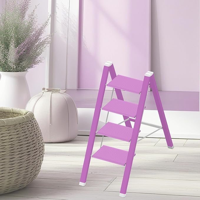 4 Step Lightweight Folding Ladder for Home, 330lbs Aluminum Step Ladder Anti-Slip for Kitchen, Step Stool Foldable Adults for Closet, 330lbs - Light Purple