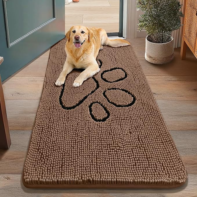 Smiry Dog Door Mat for Muddy Paws, Absorbent Dirt Trapper Non Slip Quick Dry Washable Chenille Mat for Mud Dogs, Entry Rug for Indoor and Outdoor (48x30 Inches, Coffee and Black)