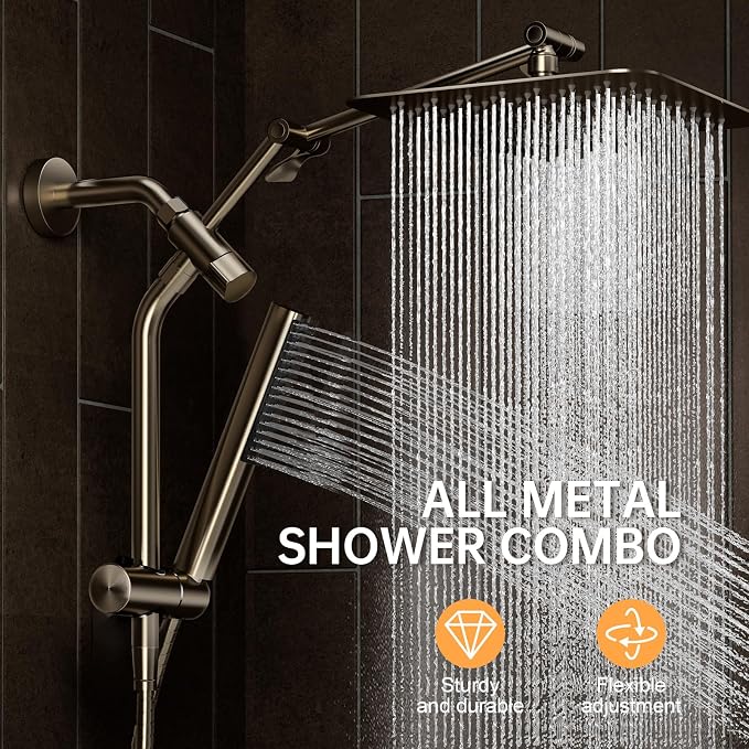 Veken All Metal 10" Brushed Nickel Shower Head with Handheld, Luxurious Square Double Rain Shower Heads with Power-wash Hand Held, Dual High Pressure Detachable Rainfall Showerhead,Bathroom Upgrade