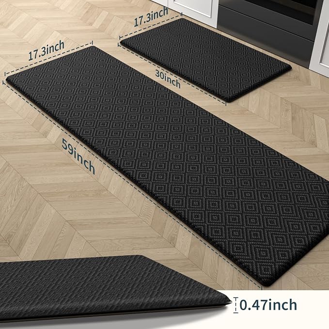 Mattitude Kitchen Mat 2PCS Kitchen Rugs Cushioned Anti-Fatigue Rug Waterproof Standing Desk Mat Kitchen Mats for Floor Kitchen Rug Set for Kitchen, Sink, Office 17.3"×30"+17.3"×59"-0.47inch Black