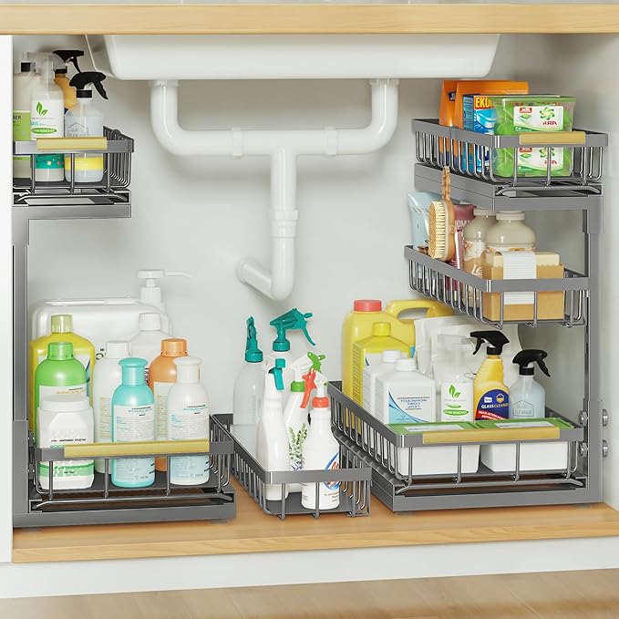 Under Sink Organizer and Storage for Bathroom and Kitchen - 2 Pack 3 Tier Under Cabinet Pull Out Shelf Organizers - Slide Out Drawer Organization for Home Cabinets Shelves and Drawers