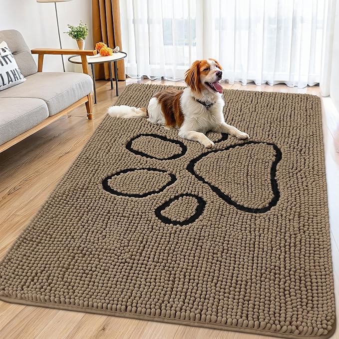Smiry Dog Door Mat for Muddy Paws, Absorbent Dirt Trapper Non Slip Quick Dry Washable Chenille Mat for Mud Dogs, Entry Rug for Indoor and Outdoor (70x35 Inches, Camel and Black)