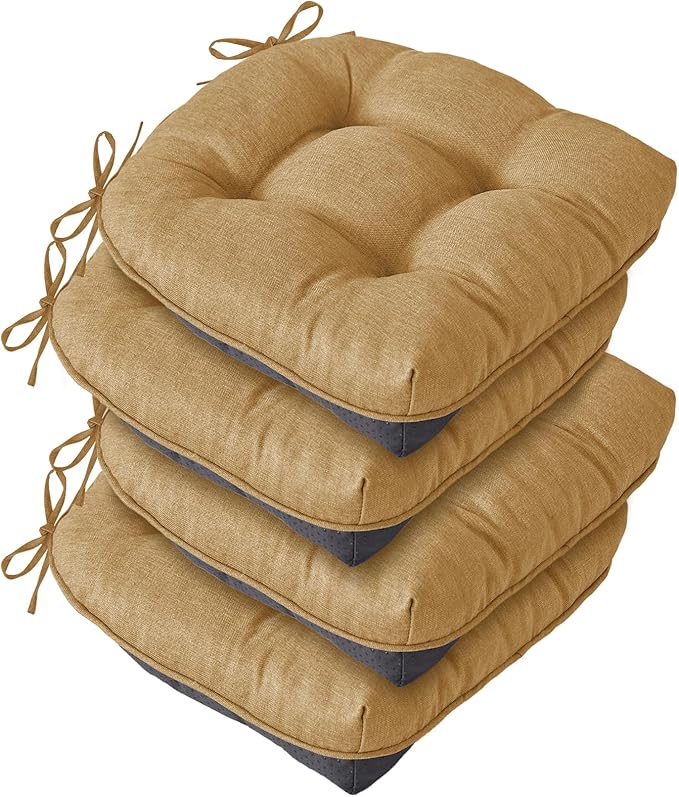 IASEAHK Chair Cushions for Dining Chairs, Seat Cushions for Kitchen Chairs, Indoor Seat Cushions with Ties, Tufted Foam Chair Pads, Non Slip Chair Cushions Set of 4, 15.5" x 15.5" x 4", Khaki