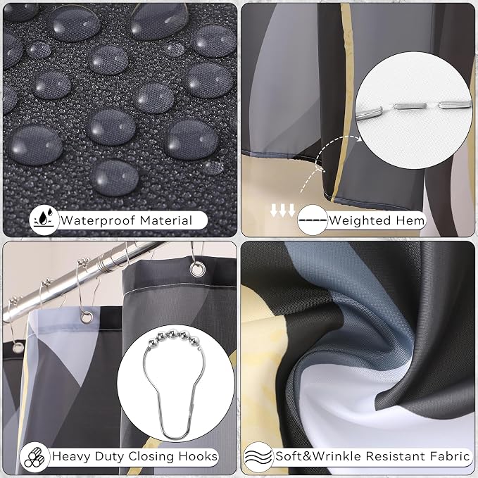 XLHOMO Black Bathroom Set, Bathroom Sets with Stripe Shower Curtain, Black and Gold Bathroom Accessories with Trash Can, Soap Dispenser, Soap Dish, Toilet Brush Holder, Qtip Holders for Bathroom
