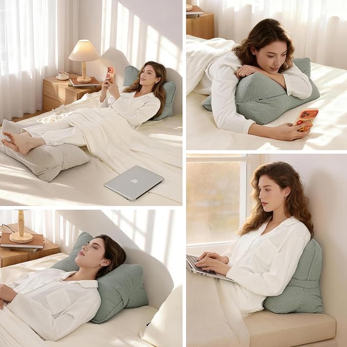 Pat. Pend. Corduroy Lumbar Support Back Pillow for Sitting Up & Reading, Ergonomic Triangle Back Support Cushion for Sofa, Armchair & Bed, Removable Washable Cover, Grey Green