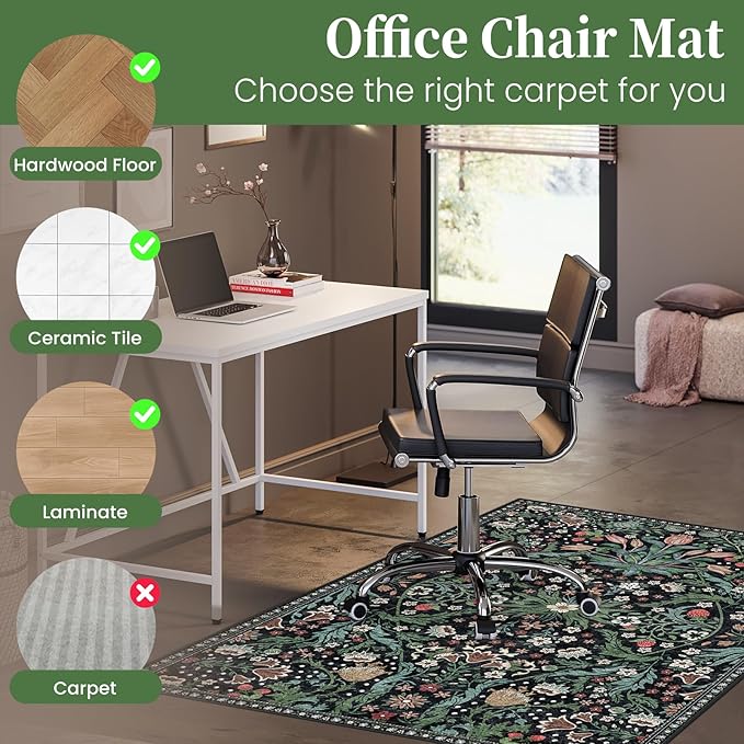 Office Chair Mat for Hardwood Floor & Tile Floor,36"X 48" Heavy Duty Desk Chair Mat for Hard Floors, Under Desk Rug for Rolling Computer Chair,Anti Slip,Low Pile Carpet Floor Protector-Green Grass