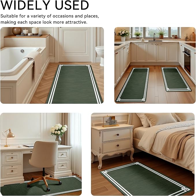 Dark Green Retro Elegance Frame Textured Kitchen Rug Sets [2 PCs], Anti-Fatigue, Waterproof Non-Slip Kitchen Mats Heavy Duty Comfort Foam Rug for Kitchen, Floor, Laundry,17"x29"+17"x47"