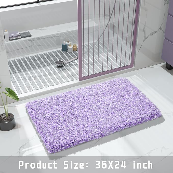 Yimobra Bathroom Rugs Non Slip Washable 36X24, Ultra Soft and Water Absorbent Bath Mats, Plush Fluffy Shower Mat Outside, Luxury Microfiber Thick Matts for Bathroom Floor/Tub, Purple and White