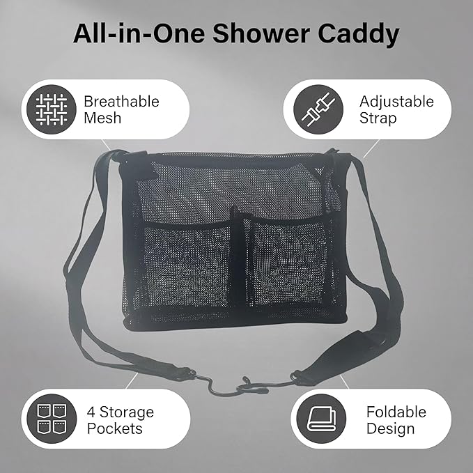 Hanging Mesh Shower Caddy With 4 Storage Pockets & Hooks, Adjustable Hanging Shower Storage Organizer for College Dorm, Gym, Swimming & RV Travel