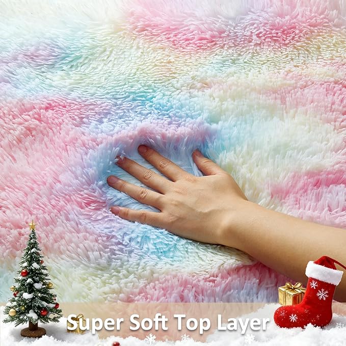 Ophanie Round Rugs 4Ft Rainbow Circle Area Rug, Colorful Unicorn Bedroom Dorm Decor for Teen Girls, Cute Fluffy Fuzzy Plush Soft Shaggy Living Room Carpet for Kids Baby Home Aesthetic Nursery Playroom