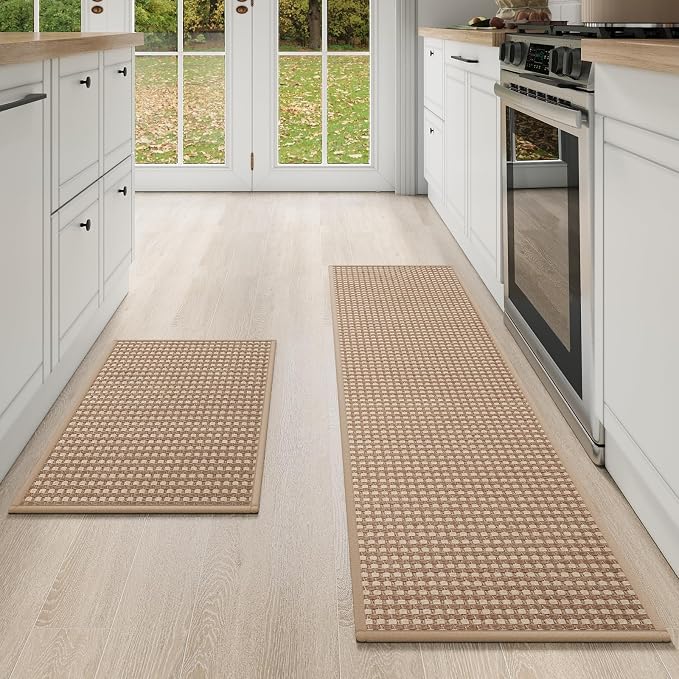 YDKGL Kitchen Mat Kitchen Rugs Sets of 2 PCS Non Slip Washable, Super Absorbent Soft Braided Kitchen Mats for Floor, Rubber Backing Comfort Standing Kitchen Sink Mat Runner Rug, Brown 17"x28"+17"x59"