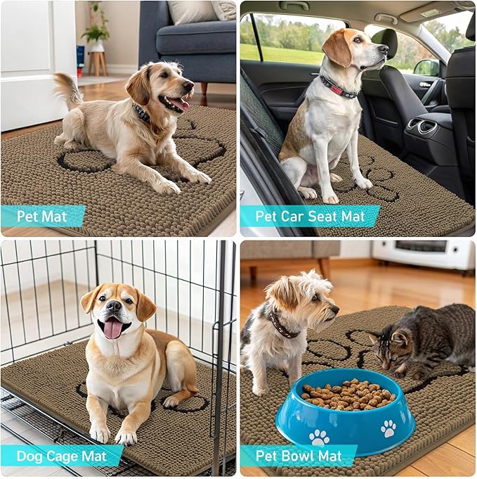 OLANLY Dog Door Mat for Muddy Paws 30x20, Paw Print Design, Absorbs Moisture and Dirt, Absorbent Non-Slip Washable Doormat, Quick Dry Chenille Mud Mat for Dogs, Entry Indoor Entryway Carpet, Tan
