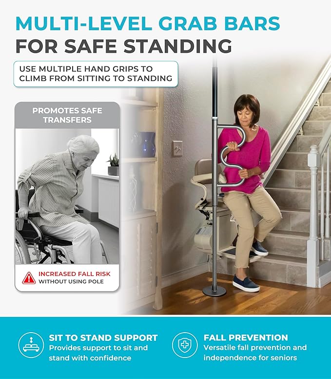Stander Wonder Pole Plus with Rotating Double Grab Bar, Tension Mounted Security Pole for Seniors & Elderly Adults, No-Drill Floor to Ceiling Transfer Pole for Home & Bath Safety, Graphite