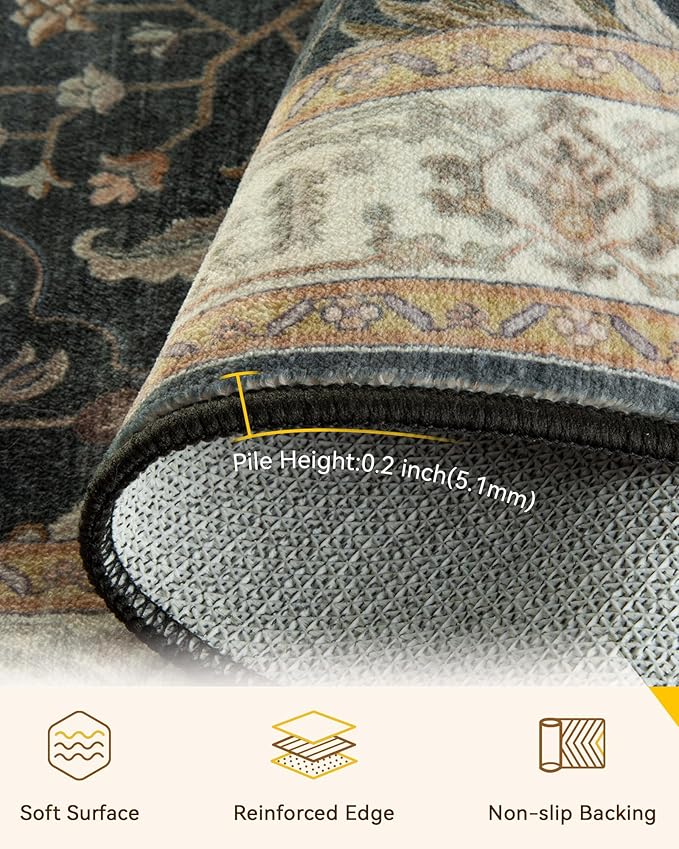 RELEANY Area Rugs Runner 3'x20' Washable Non-Slip, Floral Vintage Distress Medallion Carpet for Kitchen Hallway Bedroom Beside Laundry Room Bathroom, Vintage Black Brown Neutral