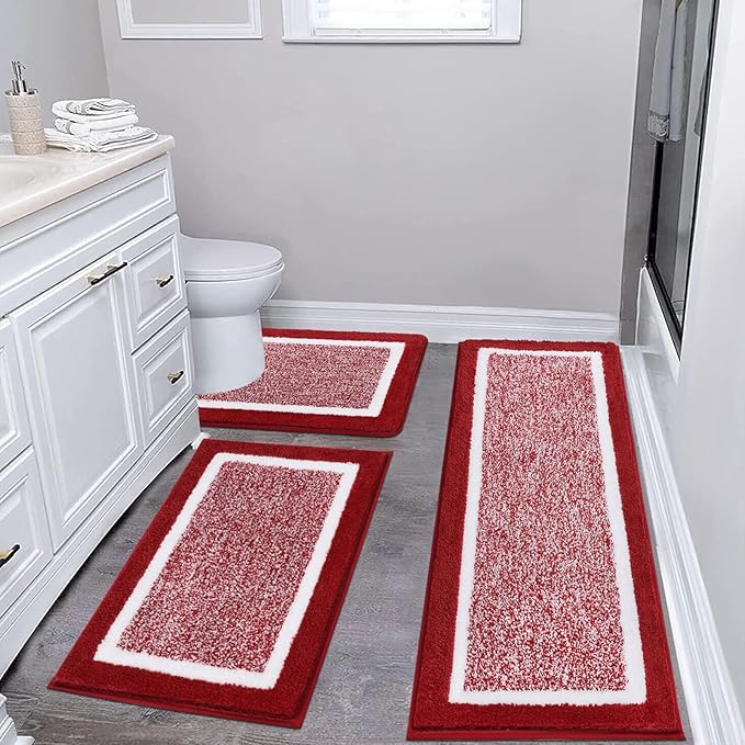 Pauwer Bathroom Rug Sets 3 Piece Bathroom Shower Rugs with U-Shaped Contour Toilet Mat Absorbent Microfiber Plush Non Slip Bath Mats Machine Washable Shaggy Floor Carpet, Red