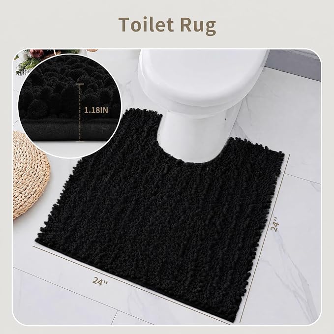 Toilet Rugs U-Shaped Mat 24x24, Contour Bathroom Mat - Ultra Soft & Absorbent Chenille, Quick-Dry, Machine Washable with Non Slip Barrier Backing, Black