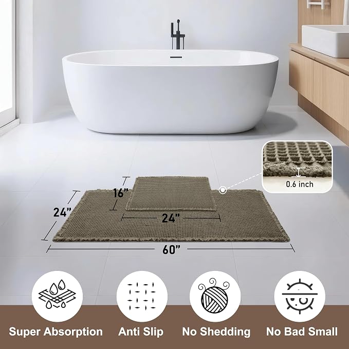 JIUZHEN Set of 2 Waffle Bath Mats Non Slip Waffle Bathroom Runner Rug Washable Boho Runner Bath Rugs Super Absorbent Shower Mat for Bathroom Kitchen Hallway Laundry, 16" x 24" +24" x 60", Olive Green