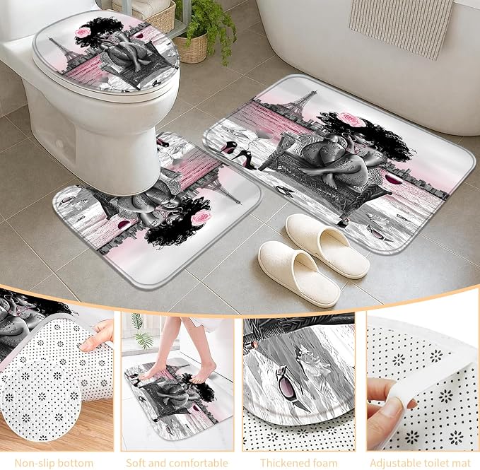 5Pcs Black Girly Bathroom Sets with Rugs and Wall Painting, Pink and Black African American Shower Curtain Set with Rugs, Parisian-Style Modern Wall Decor, Bathroom Shower Curtain and Rug Set