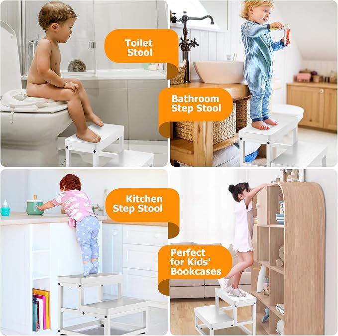 Step Stools for Adults Kids, Heavy Duty Stepping Stool Wooden Bed Step Stools for High Beds, Non-Slip 2 Bedside Foot Stool with 500 Lb Capacity for Bedroom Kitchen Bathroom Outside,Easy Assembly,White