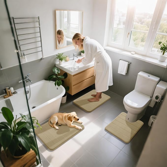 Yimobra Memory Foam Bath Mat Set 3 Pieces- Super Soft Absorbent Quick Dry Bathroom Rug Sets, Machine Washable Non Slip Floor Carpet for Tub Shower, Vanity & Toilet Base, Pale Khaki