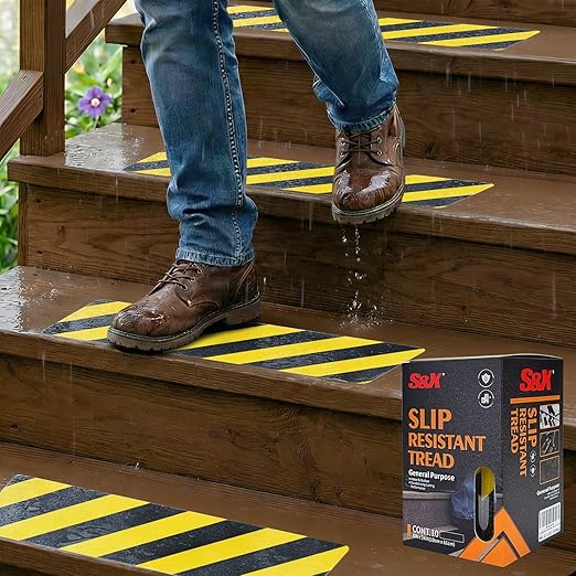 S&X S680 Anti Slip Stair Treads 6" x 24", 10-Pack Pre-Cut Black/Yellow Caution Non Slip Safety Tape Strips for Outdoor Stair Treads, Wooden Steps & Exterior Grips